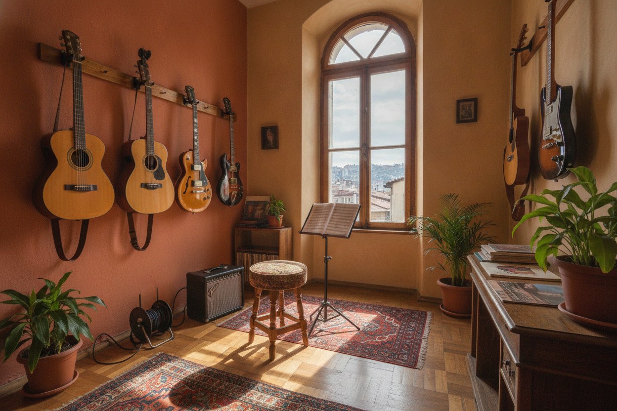 Akor Atölyesi'nin Cihangir'deki gitar dersliği; duvarda asılı akustik ve elektro gitarlar