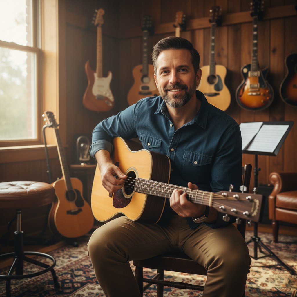 Akor Atölyesi kurucusu ve baş eğitmen Emre Solmaz stüdyoda gitarıyla