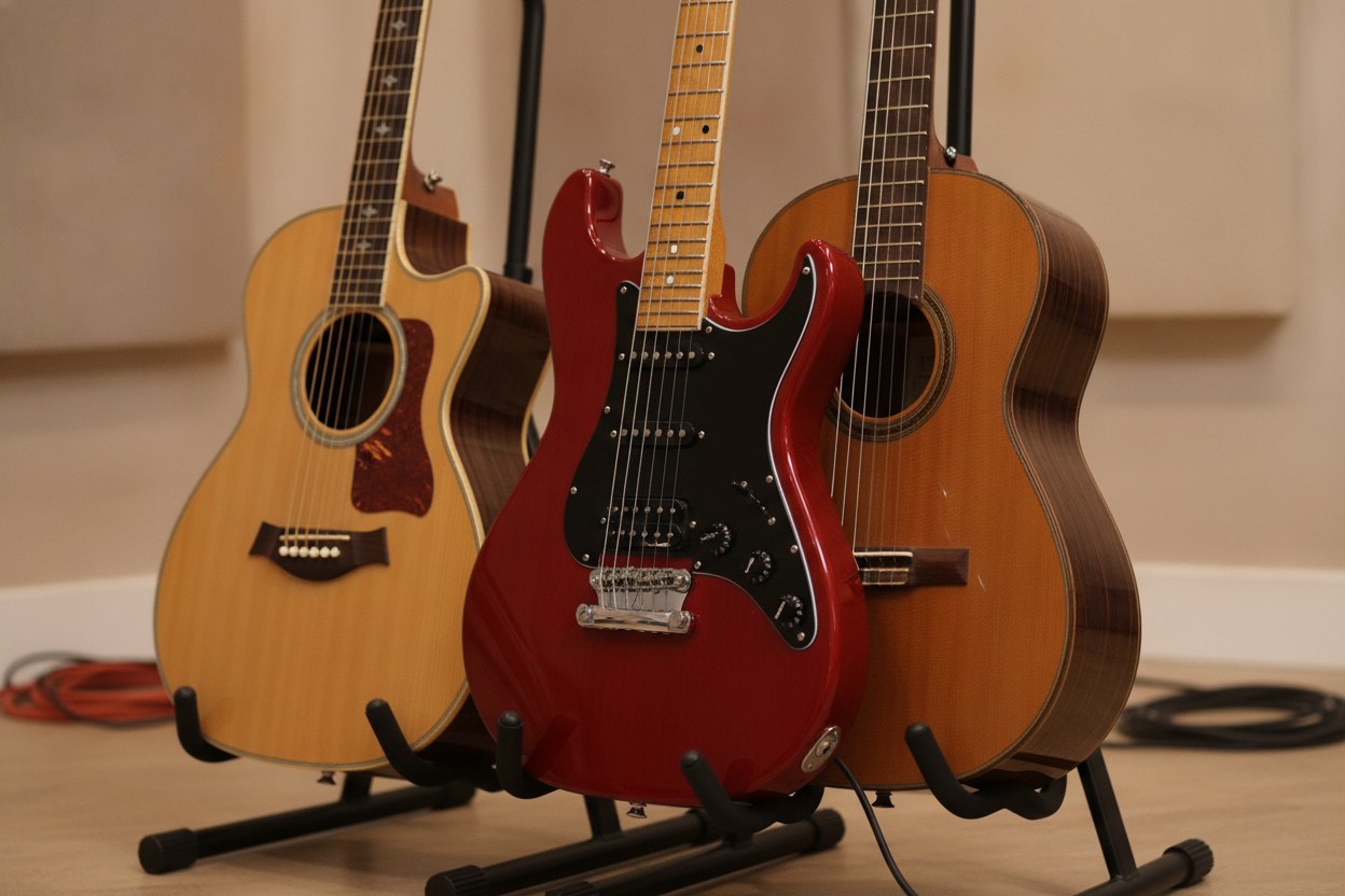 Akustik, elektro ve klasik gitarlar bir stüdyo standında yan yana